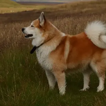 Adult Icelandic Sheepdog standing on grass.